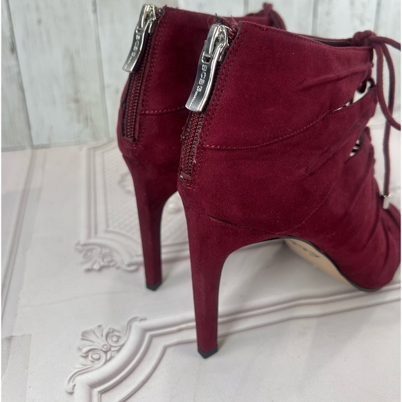 BCBGeneration Laced Up Tie Open Toe Burgundy Faux Suede Stiletto Bootie Boots 8 - Picture 6 of 16